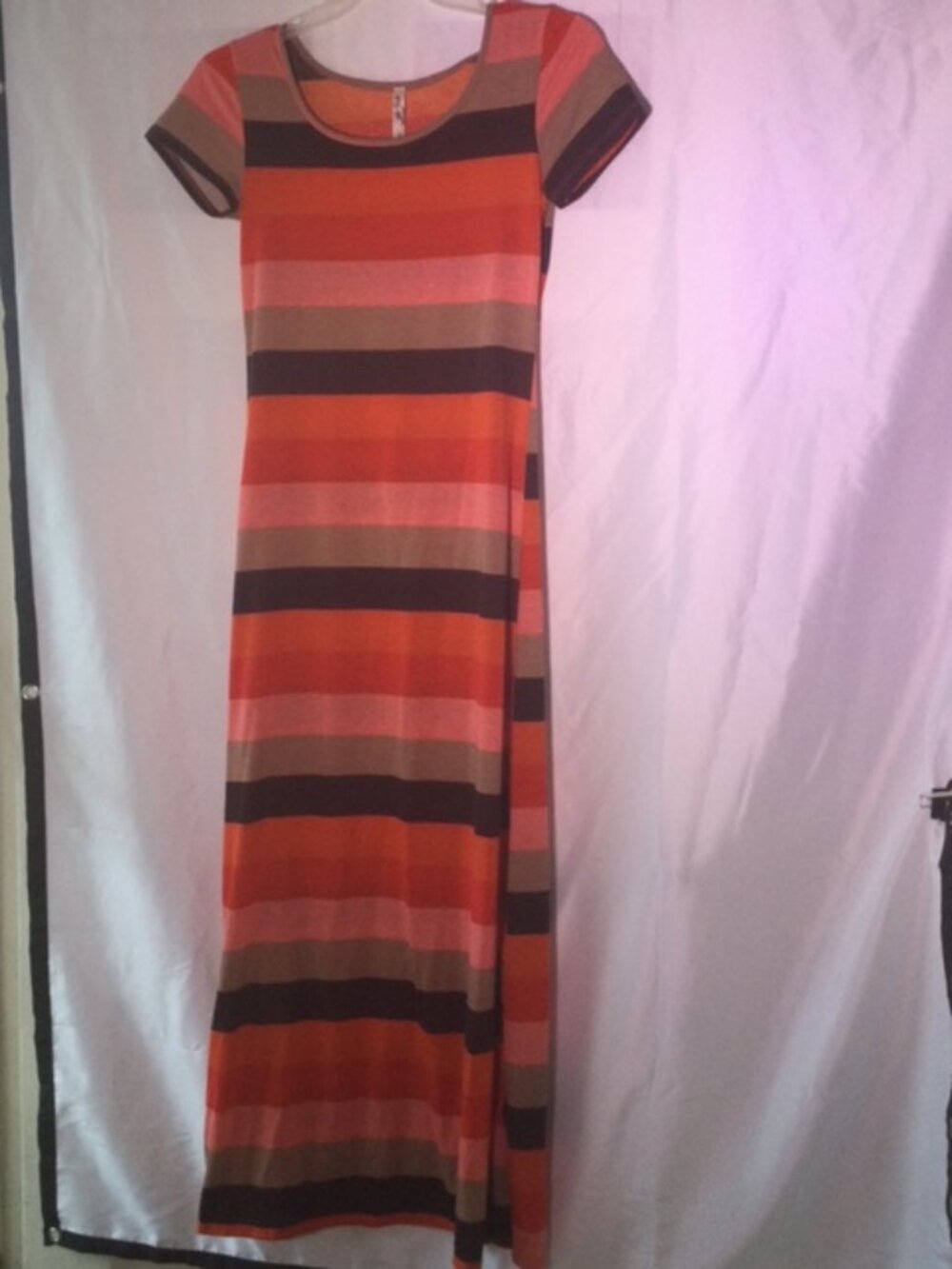 Andrea Missy Striped Maxi Dress Small Orange Brown Scoop Neck Short Sleeve